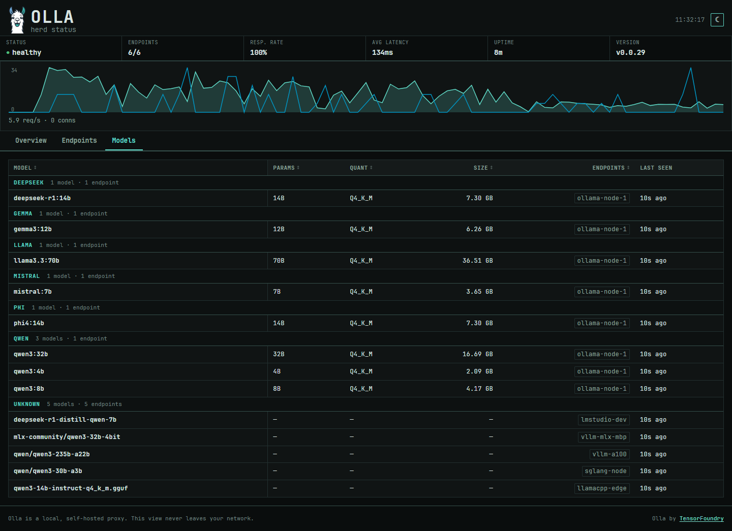Models panel - discovered model inventory grouped by family, with hosting endpoints